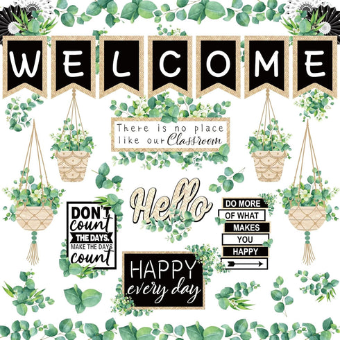 Whaline 29 Pieces Eucalyptus Bulletin Board Set, Welcome Banner and Boho Greenery Calendar Cutout Decorations for