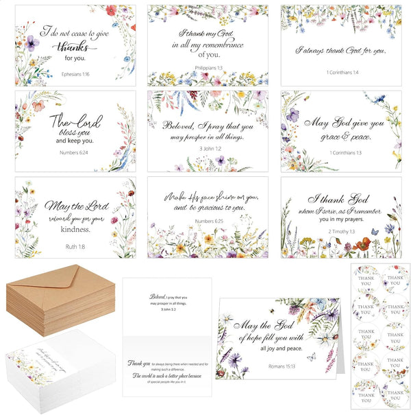 Affrolling 50 Pack Spring Religious Christian Thank You Cards Bulk with Scripture Envelopes