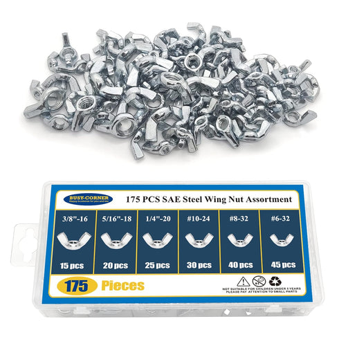 175 PCS Wing Nuts Fasteners, Butterfly Wing Nuts SAE Steel Wing Nut Assortment Kit from #6 to 3/8’’