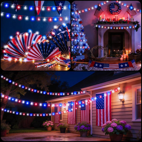 RECESKY 4th 30 11.5Ft 8 Red White Blue of July Decoration Light - LED Patriotic Battery String Lights with Modes