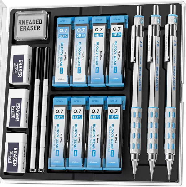 Nicpro 3 Pack Blocky Gear 0.7 mm Metal Mechanical Pencils Set with Case, 8 Tube Lead Refills, 4 Erasers for Art Writing