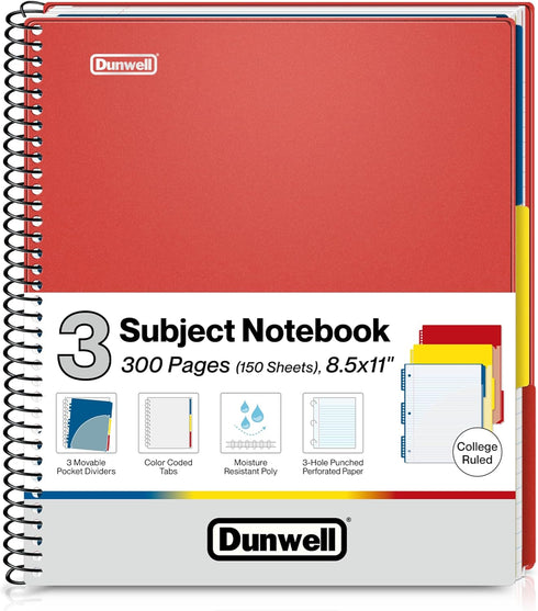 Dunwell 3-Subject College Ruled Notebook, 8.5 x 11 (Red) - 150 Sheets/300 Pages, Spiral Notebook with Tabs and Pockets