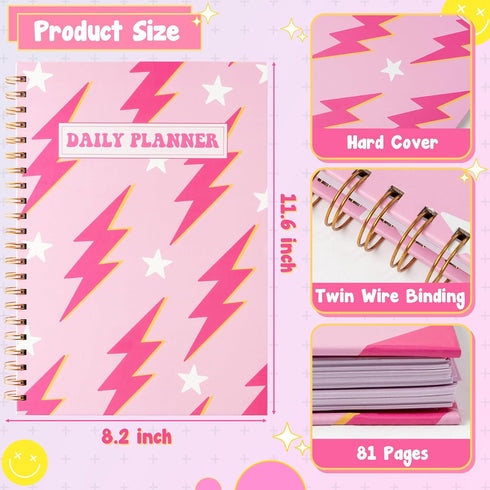 Pink Preppy Lightning A4 Planner Notebook for Teen Girls, Y2K To Do List Daily Task Checklist Time Management Notebook, Preppy Theme Pink Notepad Daily Agenda for Friends School Office Supplies by CNhoqc