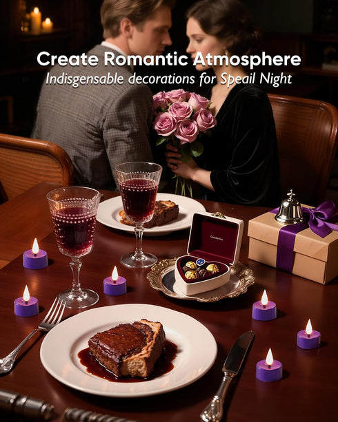 3D 300+Hour Set 24 Amagic Flameless Purple Timer Remote Tealights Candles, Black Wick Flickering Tea Light, Colored