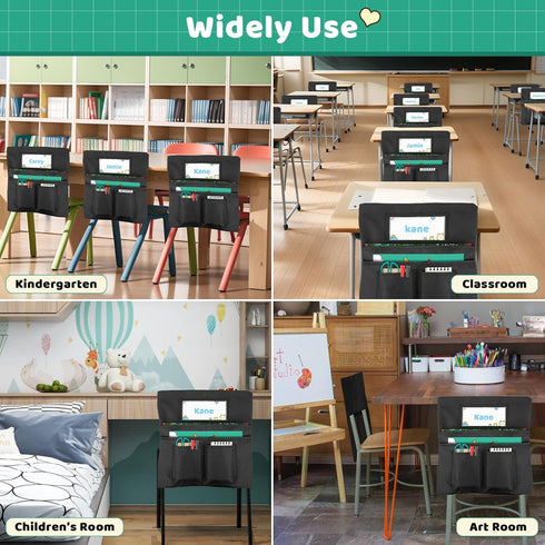 Chair Pockets Black - 12 Pcs, 14 x 13 Inch Chairback Buddy Pocket Classroom Organizer with Name Slot