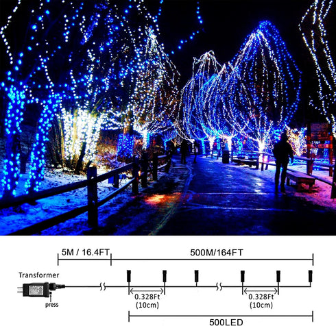 weillsnow 164 500 8 FT LED Christmas Lights Outdoor, Waterproof Christmas Fairy Lights with Timer, Plug in Blue White