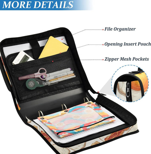 Fisyme 3 Fried Bacon Eggs Zipper Binder Ring with Zipper and Shoulder Strap Large Capacity Multi-Pocket Binder