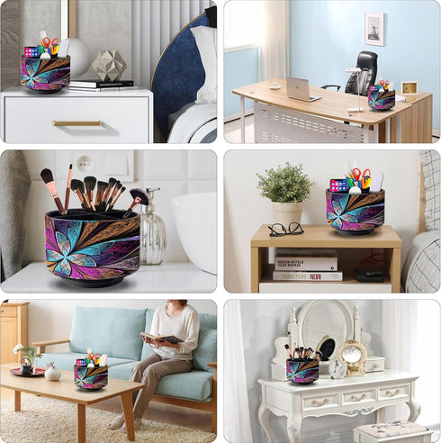 Round Leather Remote Control Holder, PU Leather Art Supply Organizer for Makeup, 4 Compartments, 360 Degree Spinning