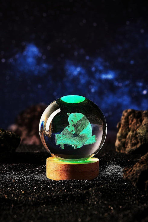 DIGFPWT 3.15 Inch K9 16 Crystal Ball Panda Family Night Light, Crystal Glass Ball, Color Change with Remote Control