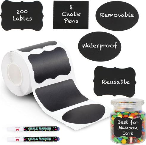 Mantah 200pcs Multiple Shapes Chalkboard Labels with 2 White Chalk Markers, Reusable Waterproof Jar Labels for Storage