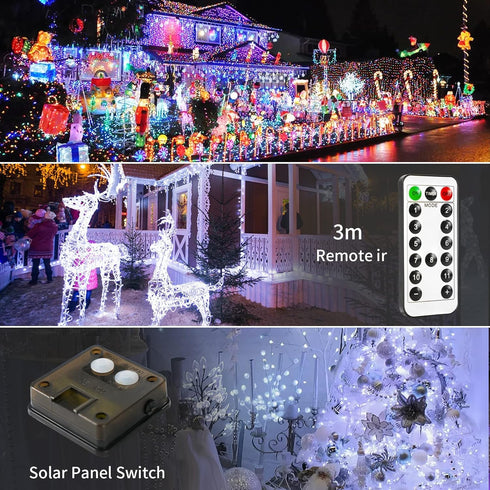 2 Pack 100 33ft JMEXSUSS Solar Christmas Lights Outdoor Waterproof, LED White and Multicolor Color Changing Solar Fairy