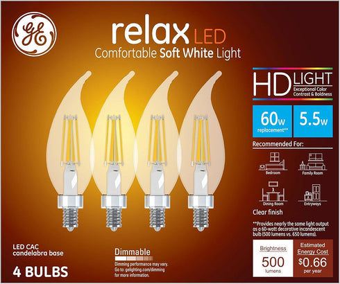 E12 Bulb, 60-Watt Dimmable, 4-Pack GE Lighting Relax HD LED Chandelier Bent Tip Light Equivalent, Clear Finish, Soft