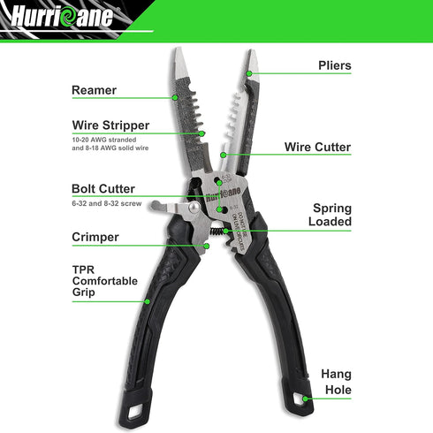 HURRICANE 6-in-1 Wire Stripper Tool, Wire Strippers, Crimping Tool, Wire Cutter Stripping Tool, Multifunctional Electrical Pliers for Cable Stripper, Wire Crimper(8-18 AWG Solid, 10-20 AWG Stranded) by HURRICANE