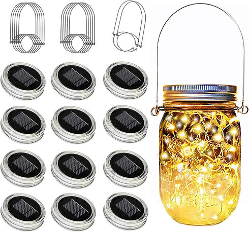12 Pack Solar Mason Jar Lid Lights - 30 LED Firefly Fairy