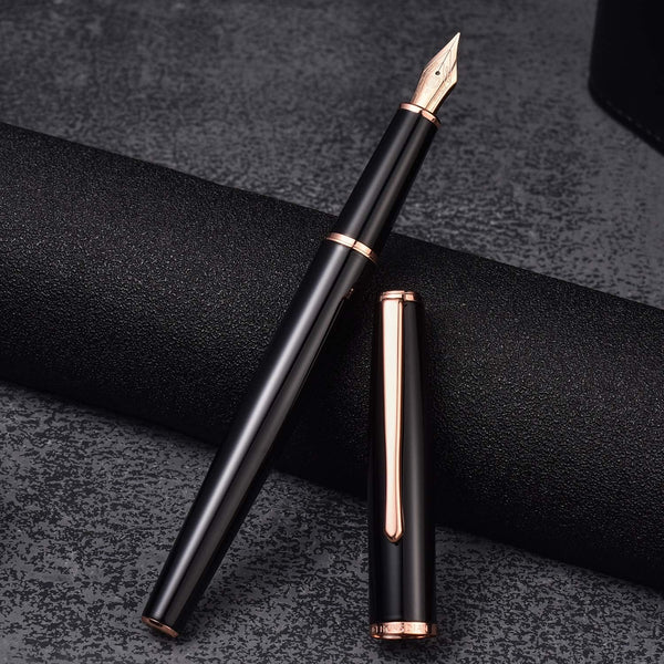 HongDian 920 Black Metal Fountain Pen with Rose Gold Plated Fine Nib, Classic Writing Pen with Ink Converter