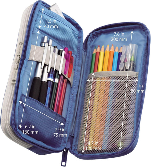 LIHIT LAB Double Pen Case, Large, 4.1 x 8.7", Blue