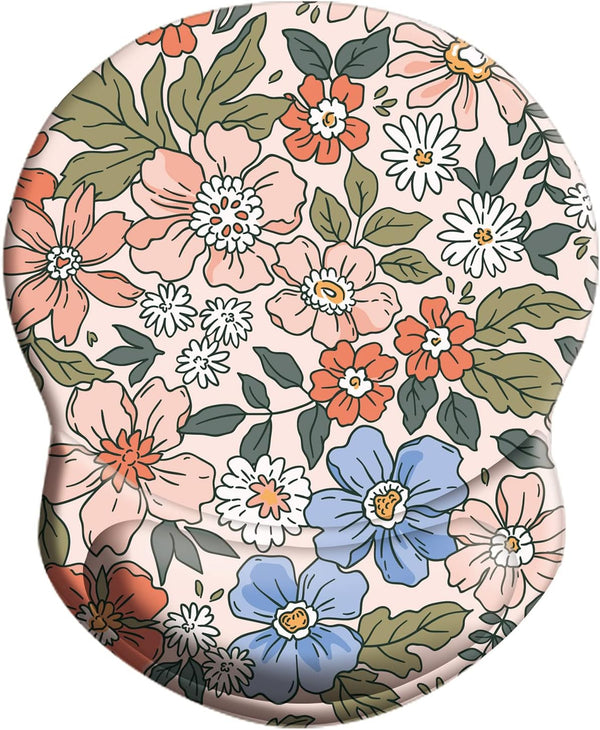 Wrist Support Mouse Pad with Non Slip Rubber Base, 8.75in X7.5in Small Mouse Mat for Home Office (Pink Floral)