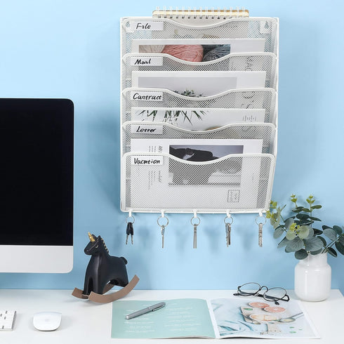 EasyPAG Wall Mount File Organizer with Key Hooks, 5 Pocket Vertical Mesh Holder for Office and Home
