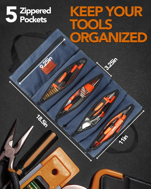 Roll Up Tool Bag, 16OZ Canvas Wrench Roll Up Pouch, Multi-Purpose Tool Organizer with 5 Zippered Pockets