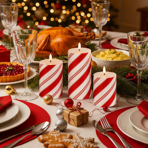 Set 3 Christmas Glitter Red Stripes LED Flameless Candles, Battery Operated Real Wax Pillar Candles with Remote