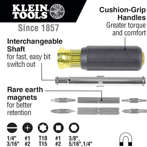 Klein Tools 32500MAG Magnetic Multi-Bit Screwdriver / Nut Driver, 11-in-1 Multi Tool with 8 Bits, 3 Nut Driver Sizes, Cushion Grip Handle by Klein Tools