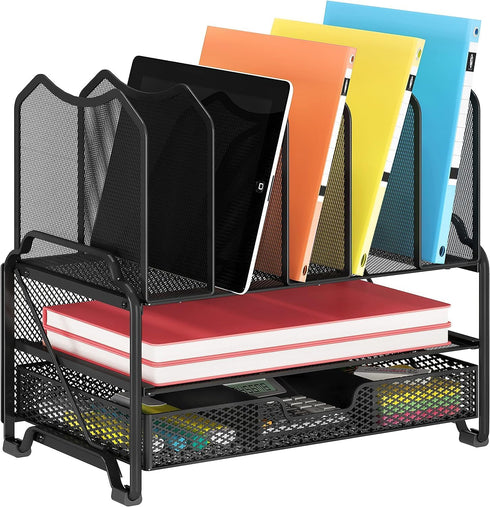 Simple Trending Mesh Desk File Organizer, Desktop Storage with Sliding Drawer, Double Tray, and 5 Upright Sections