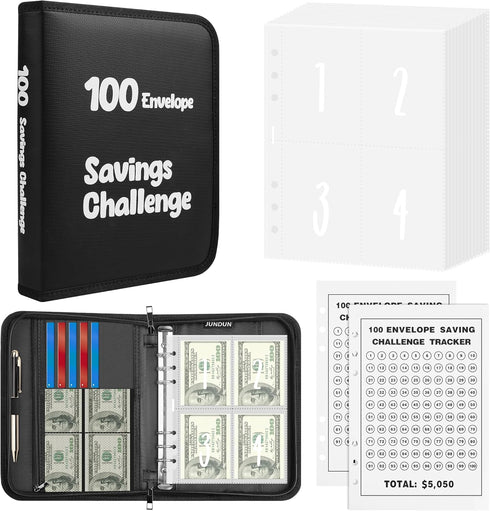 JUNDUN 100 Envelopes Money Saving Challenge, Fireproof Savings Book with Envelopes and Zipper Binder