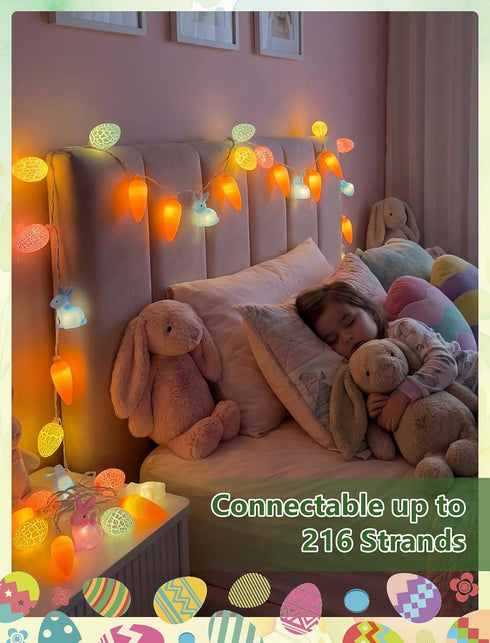 12FT 20 Multicolored Rabbit Cracked Egg and Carrot String Lights, LED Easter Fairy Light with LED Rabbit Cracked Egg