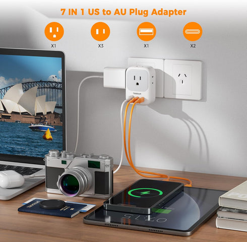 Australia New Zealand Power Adapter USB C, TESSAN Australia Power Plug Adapter with 4 Electrical Outlets 3 USB Ports (2 USB C), Power Adapter for US to Australian Argentina Fiji China Cook Islands