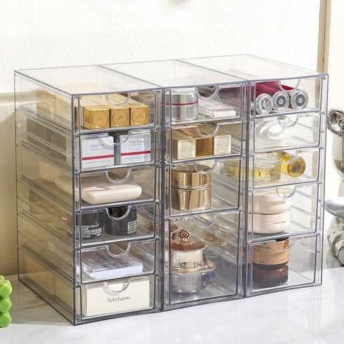 Prsildan Acrylic Drawer Organizer Set of 3 with 15 Drawers, Clear Stackable Storage for Makeup, Jewelry, Office