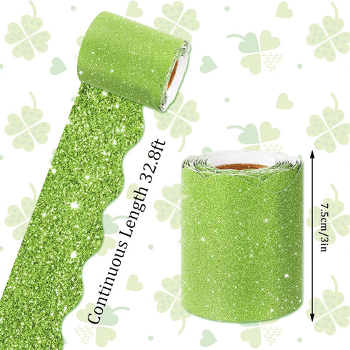 Whaline 131.2ft St. Patrick's Day Bulletin Board Borders 4 Rolls Glitter Green Die-Cut Bulletin Board Strips Irish Festival Rolled Bulletin Board Trim for School Classroom Office Chalkboard Decoration
