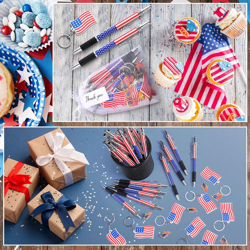Qilery 150 Pcs Veterans Day Style American Flag Lapel Pins, Ballpoint Pen, Keychains, Thank You Card Gift Bag for 4th