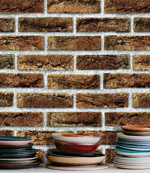 Y633 Rustic Brick Wallpaper, Peel and Stick, 17.7" x 9.8ft, Brown Self-Adhesive Contact Paper for Home Decor