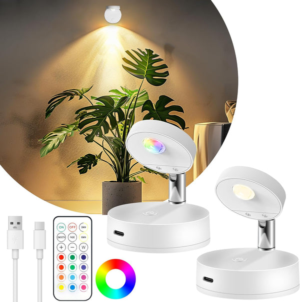 2 Pack Rechargeable LED Spotlight for Indoor, Wireless RGB Spot Light with