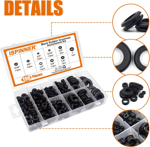 ISPINNER 190pcs Rubber Grommet Assortment Kit, 9 Sizes Eyelet Ring Gasket (Black, 1/4" to 1")