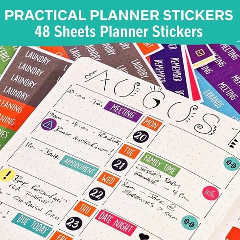 Practical Planner Stickers Value Pack, 48 Sheets, 6 Months of Aesthetic Agenda Stickers for Weekly Planner