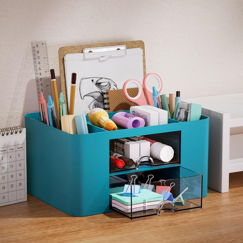 Marbrasse Pen Organizer with 2 Drawers, Multi-Functional Pencil Holder for Desk, 5 Compartments + Drawer for Art