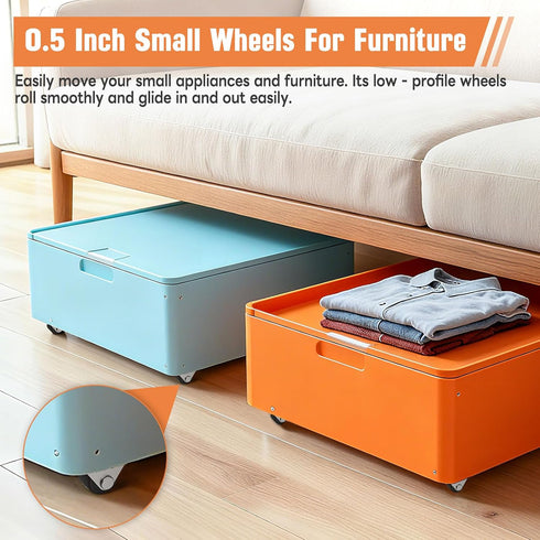 0.5 Inch (Brown-4 Mini Low Profile Caster Wheels - Self Adhesive Silent Rubber Rolling Wheels with Steel Plate