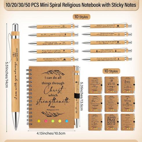 Spakon 20 Set Christian Church Gifts, Bulk Bible Verse Bamboo Pens and Mini Spiral Religious Notebooks for Teachers
