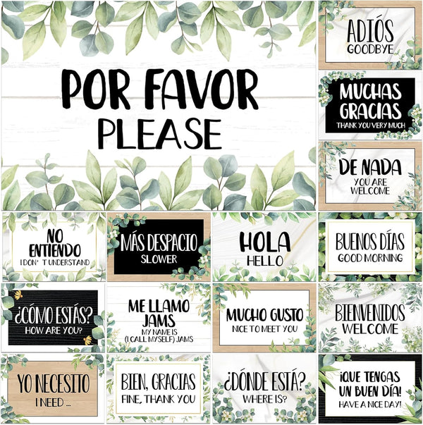 gisgfim 16 Pcs Spanish Words and Phrases Poster Set, Bulletin Board Decoration for Classroom Language Decor