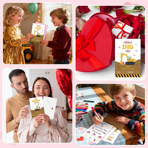 72pcs 4 6 TICIAGA Valentines Day Construction Truck Greeting Cards with Envelop and Sticker for Kid, x IN Excavator
