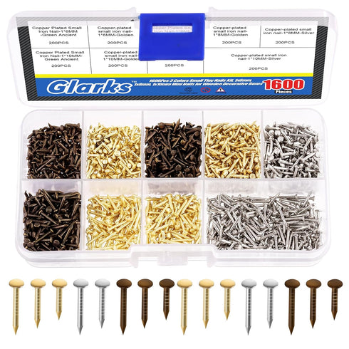 Glarks 1600Pcs Small Tiny Nails Kit, Wooden Screw Nail Gold Silver Bronze, 1x6mm, 1x8mm, 1x10mm Mini Nails for DIY
