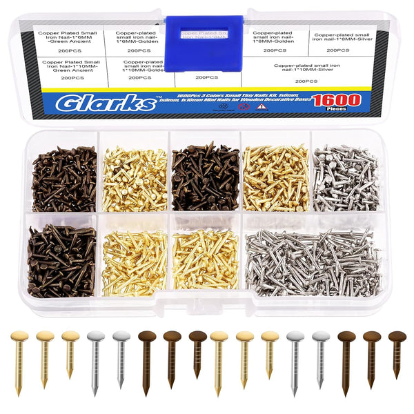 Glarks 1600Pcs Small Tiny Nails Kit, Wooden Screw Nail Gold Silver Bronze, 1x6mm, 1x8mm, 1x10mm Mini Nails for DIY