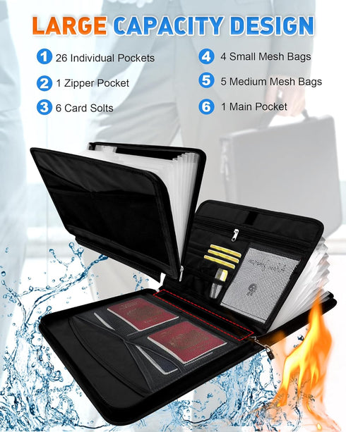 Fireproof Document Organizer Bag, a-z Accordion File Organizer 26 Pocket with Handle for Documents, Cash, Passport