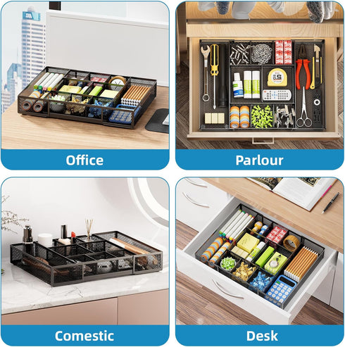 Marbrasse Expandable Desk Drawer Organizer, Mesh Tray with 10 Adjustable Compartments for Office Supplies, Black
