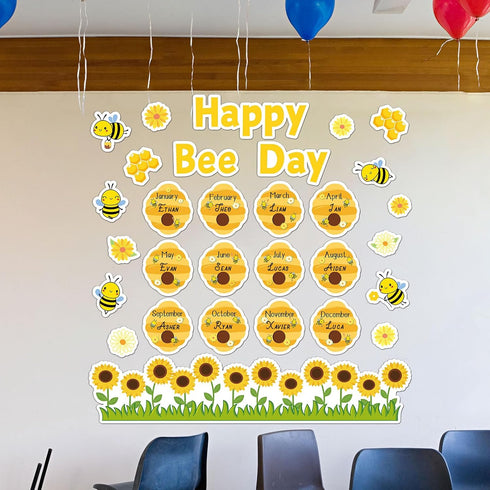 Bee Birthday Bulletin Board Set with Happy Bee Day Decorations, Honeycomb Cutouts, and Sunflowers for Classroom Decor