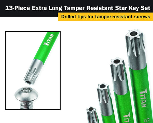 12715 Set 13 1 Titan Tools Extra-Long Arm Tamper Resistant Star Key - Piece , Green