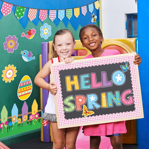 Happy Easter Bulletin Board Set with Pink Check Border, Rabbit, Bees, Butterflies, Hello Spring Cutouts for Kids