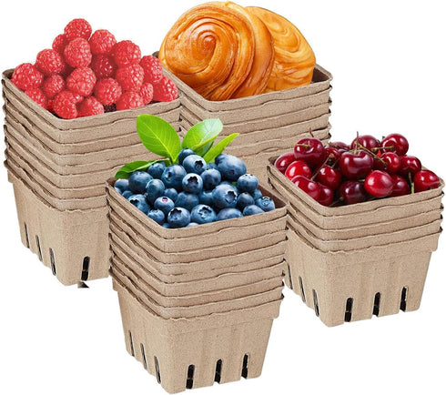 Naqqios 30pcs Produce Baskets Farmers Market - Thick Fruit Containers | Stackable Pulp Fiber Berry Basket