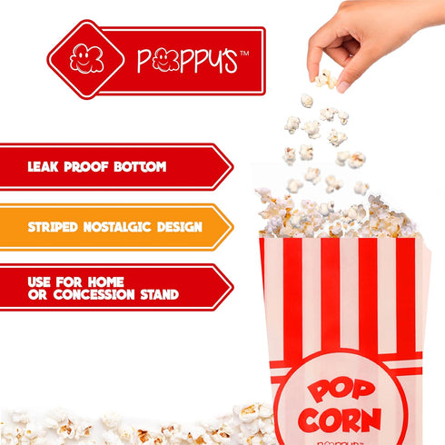 Poppy's Paper Popcorn Bags - 40 Pcs 1oz Concession-Grade Bags for Movie Nights, Popcorn Bars, and Concessions